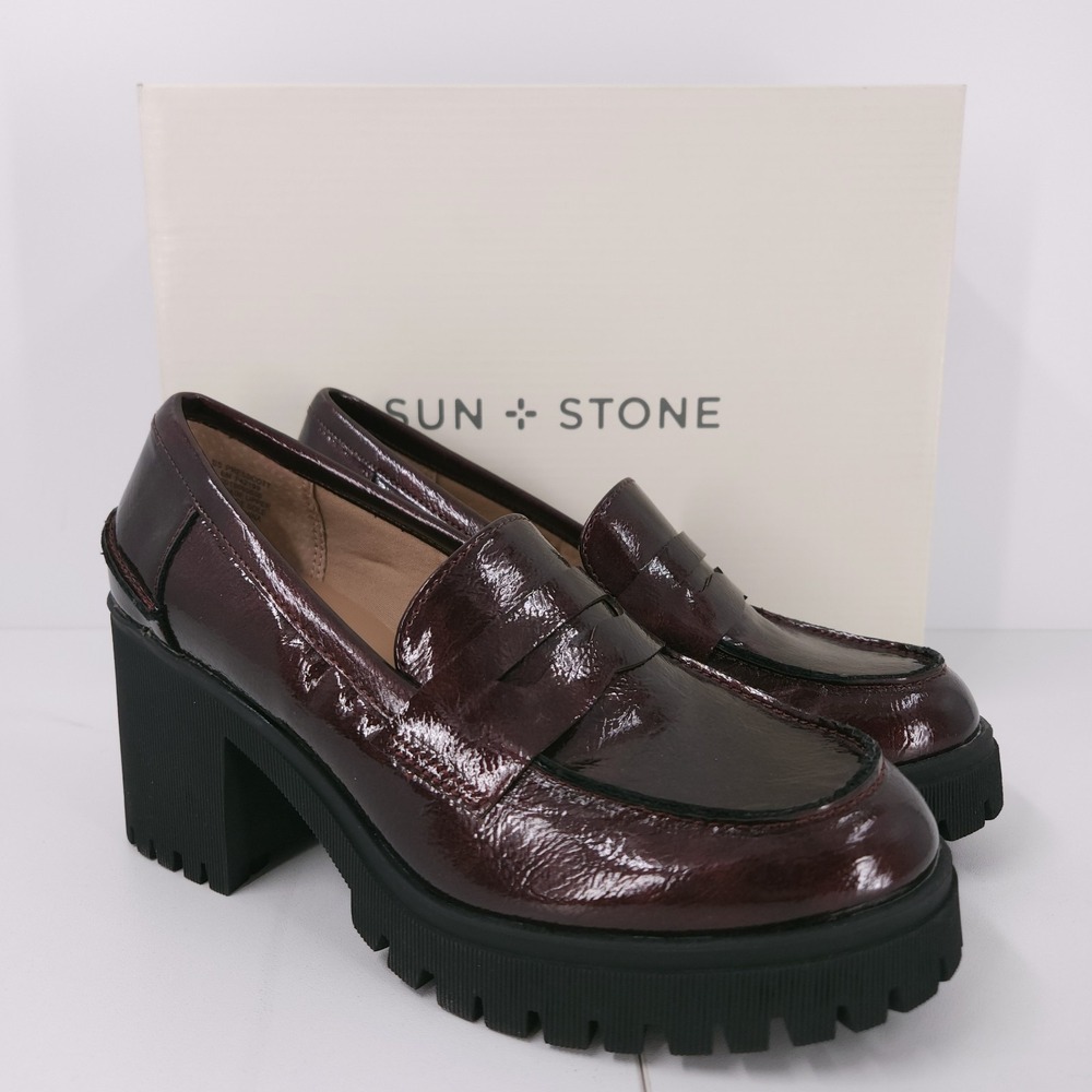 Sun + Stone Presscott Wine Patent Loafer Pumps Block Heel Slip On Womens 6 M
